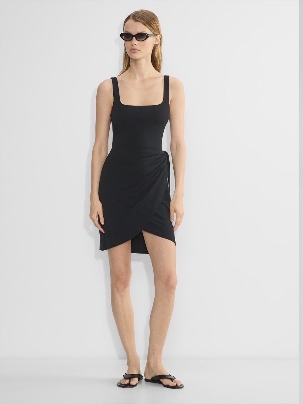Aritzia Black Square-Neck Wrap-Front Mini Dress
